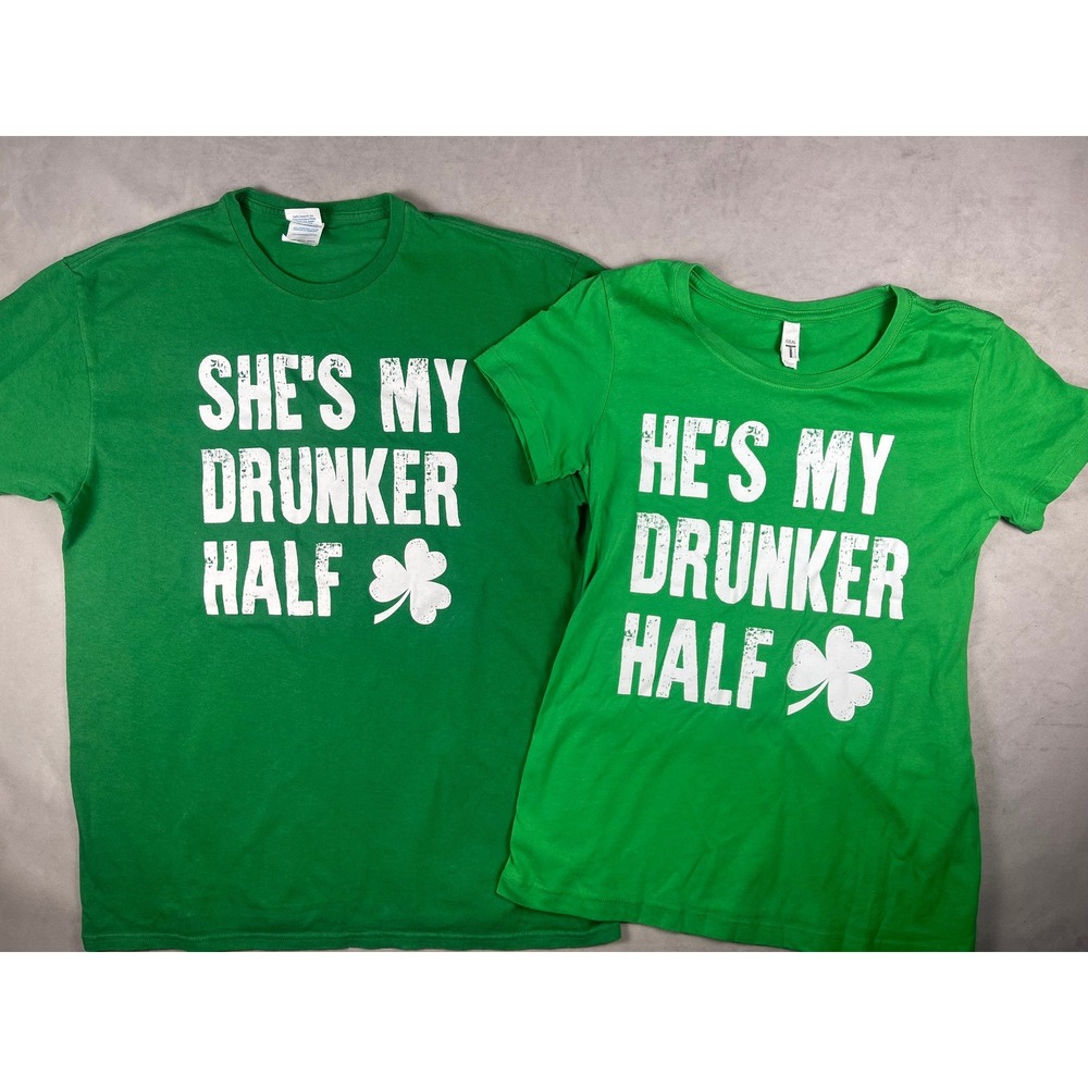St Patricks Day Matching Couple Shirts Green Drunker Half Graphic Tees Large 2pk